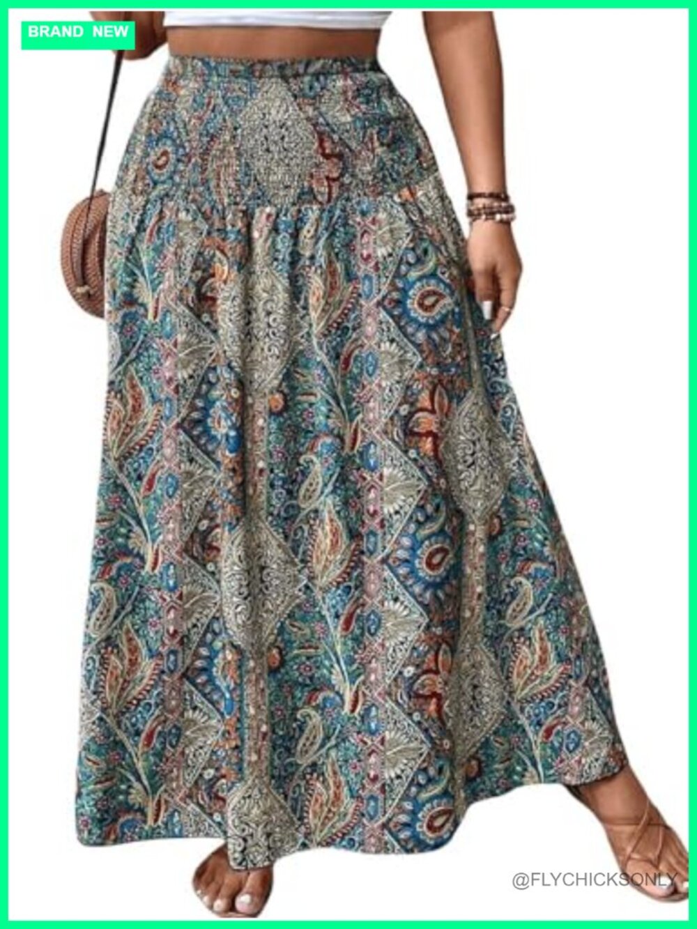 Plus Size Paisley Print Boho Maxi Skirt High Waist Smocked Ruffle Hem A-Line
